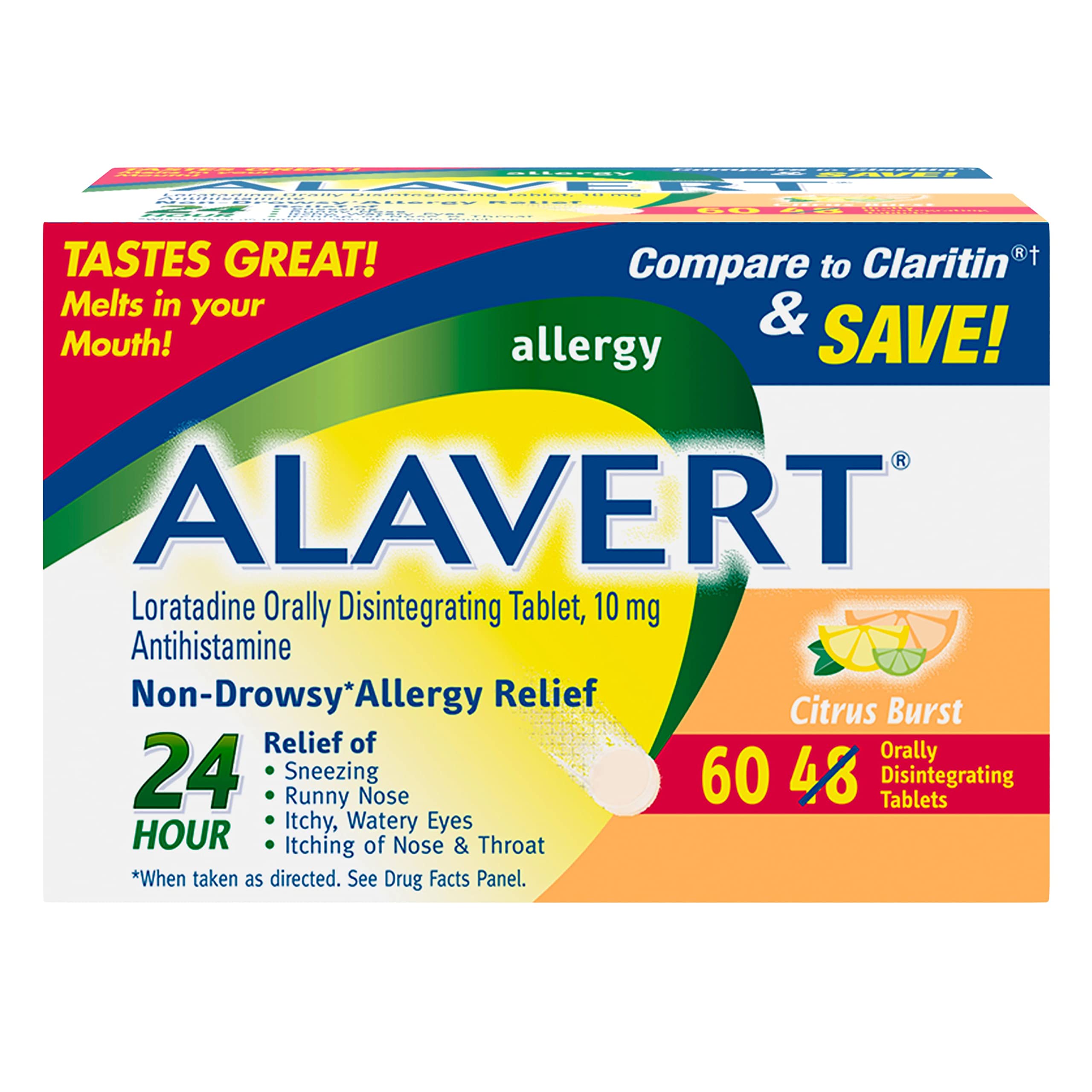 Alavert Allergy 24 Hour Relief, Citrus Burst Flavor & Allergy 24 Hour Relief, Fresh Mint Flavor, Orally Disintegrating Allergy Tablets, Non-drowsy Antihistamine, Loratadine 10mg, 60 Count