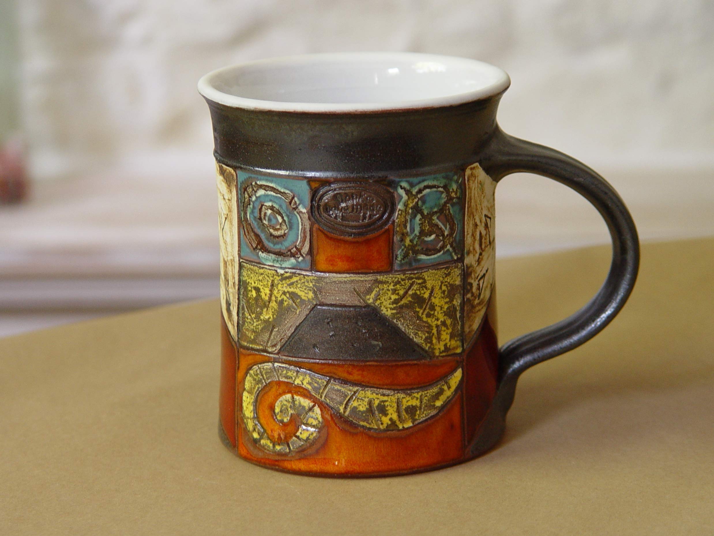 Multicolored Handmade Pottery Mug - Large Ceramic Coffee Tea Milk - Collectors Pottery - Orange Blue Grey Red - 18.5oz/550ml - Home Gift