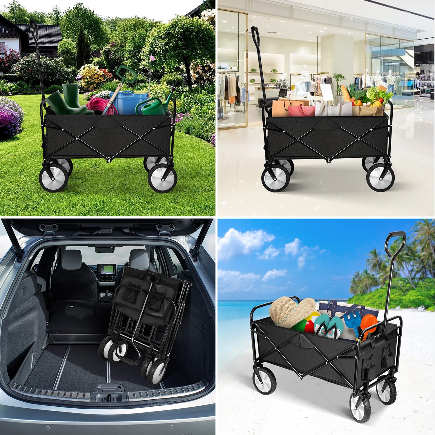 YSSOA Rolling Folding & Rolling Collapsible Garden Cart, Outdoor Camping Wagon Utility with 360 Degree Swivel Wheels & Adjustable Handle, Black 220lbs Weight Capacity