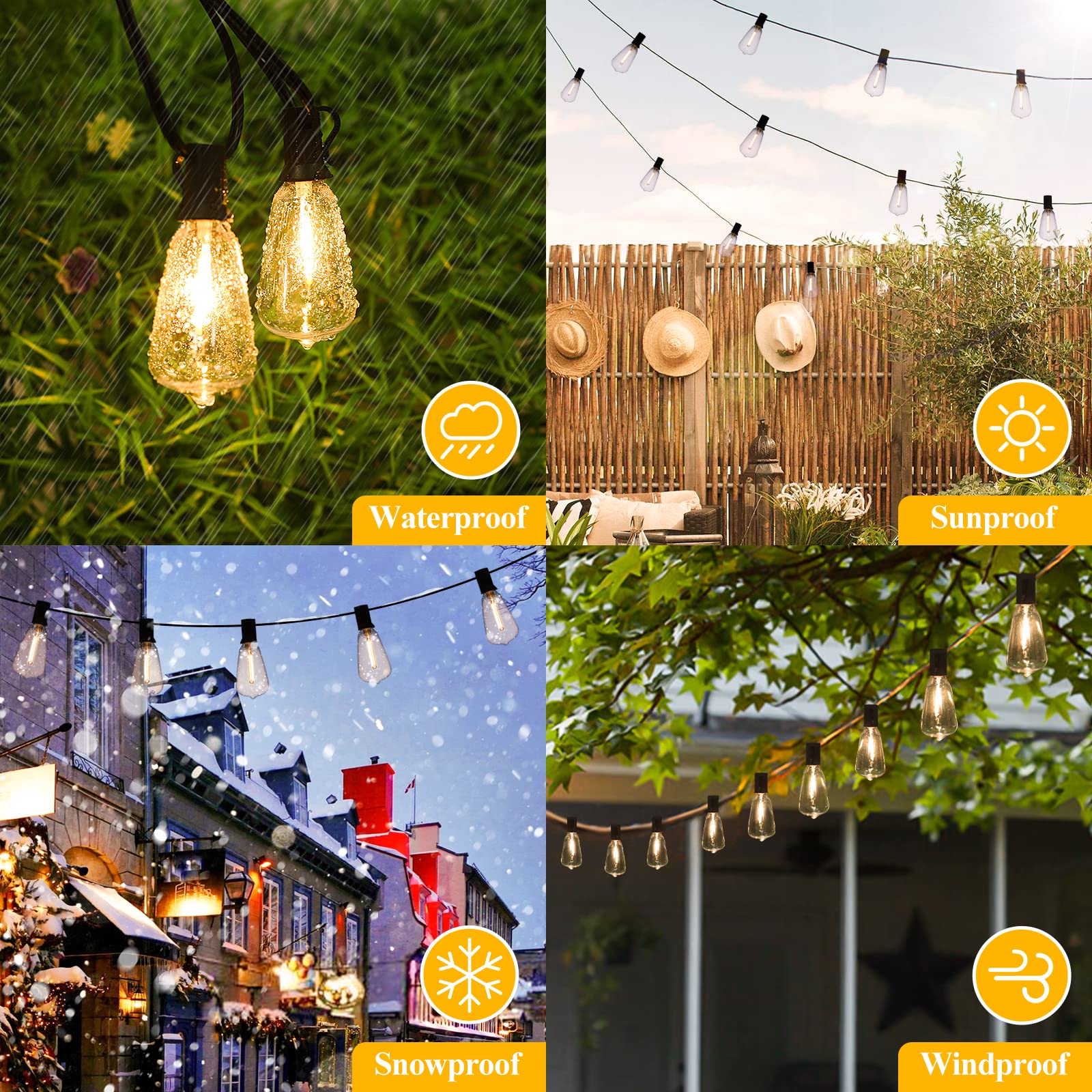 Brightever LED Outdoor String Lights 100FT Patio Lights with 52 Shatterproof ST38 Vintage Edison Bulbs, Outside Hanging Lights Waterproof for Porch, Deck, Garden, Backyard, Balcony, 2700K Dimmable