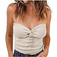 Summer Womens Ribbed Knit Twist Knot Front Bandeau Off Shoulder Fashion Comfy Sexy Slim Y2K Tube Tops for Going Out