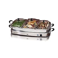 EWM-9933 Triple 3 x 2.5 Quart Trays Buffet Server 7.5 Qt Oven Safe Pan Food Warmer, Temperature Control, Clear Slotted Lids, Perfect for Parties, Entertaining & Holidays, Stainless Steel