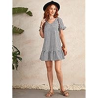Dresses for Women - Ruffle Hem Gingham Dress (Color : Black and White, Size : X-Small)