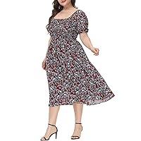 ALLEGRACE Plus Size Dress for Women Boho Floral Square Neck Summer Casual Flowy Party Beach Maxi Dresses
