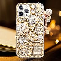 Guppy Compatible with iPhone 12 Pro Max Case Luxury Elegant 3D Bling Sparkly Crystal Diamond Perfume Bottle Pumpkin Car Iron Tower Pendant Handmade Pearl Flowers Soft Protective Case 6.7 inch Gold