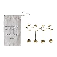 Creative Co-Op 5.35 Stainless Steel and Brass Kitchen with Flower Handles and Drawstring Bag, Gold Finish, Set of 4 Spoon