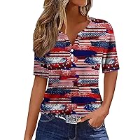 Fourth of July Shirts Women Henley Shirt V Neck Top Short Sleeve American Flag Tshirt Cute Tunic Patriotic Outfits