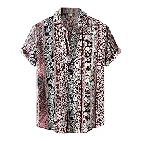 Men's Business Casual Hawaiian Vacation Beach Print Top Cotton Linen Short Sleeve Floral Shirt Shirts Short