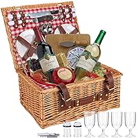 Wicker Picnic Basket Set for 4 Persons,Willow Hamper with Large Insulated Cooler Compartment,Plates,Wine Glasses, Flatware Perfect for Picnic, Camping (Pink & White)