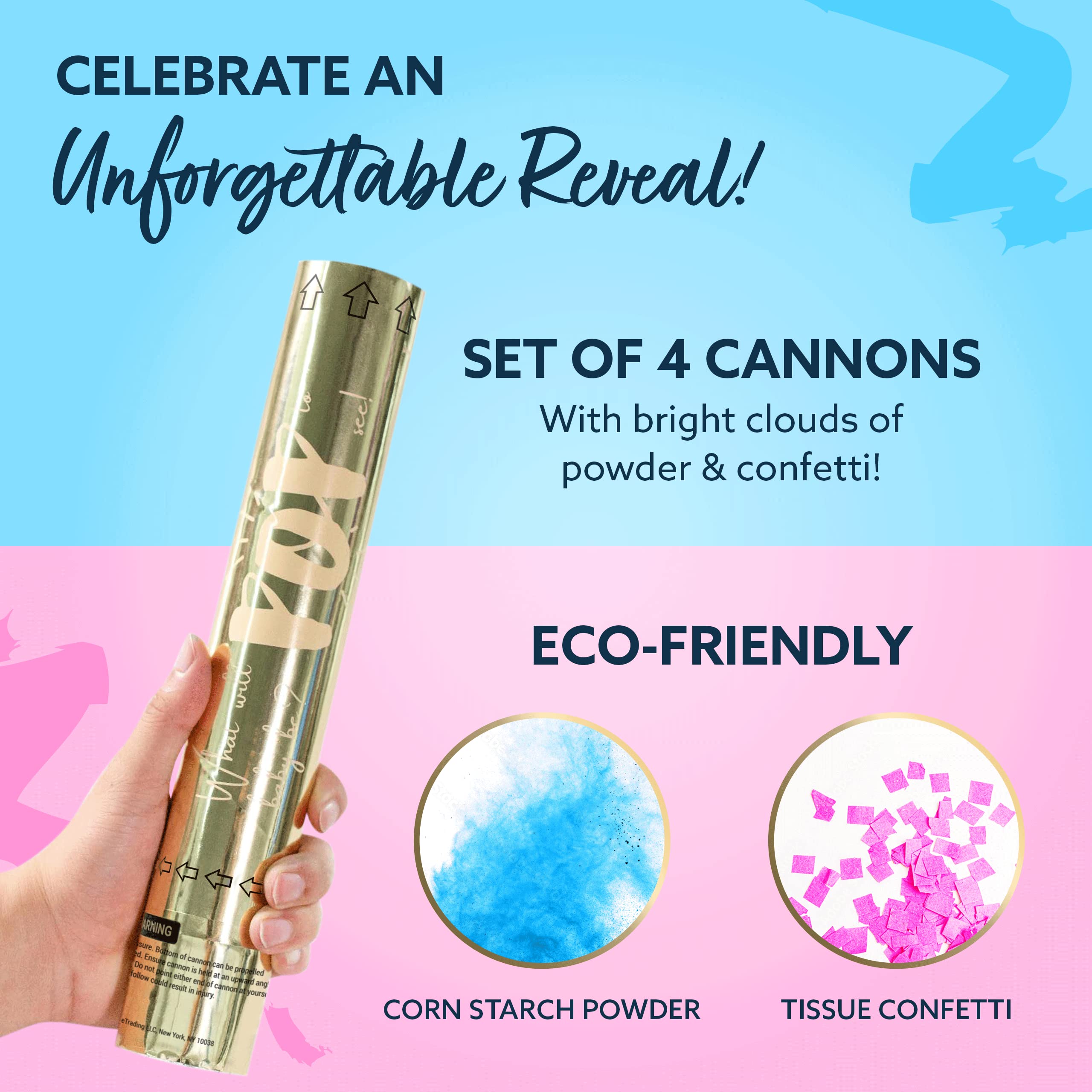 Revealations Gender Reveal Confetti Powder Cannon - Set of 4 Mixed (2 Blue 2 Pink) Party Supplies - 100% Biodegradable Tissue Safe Powder Smoke