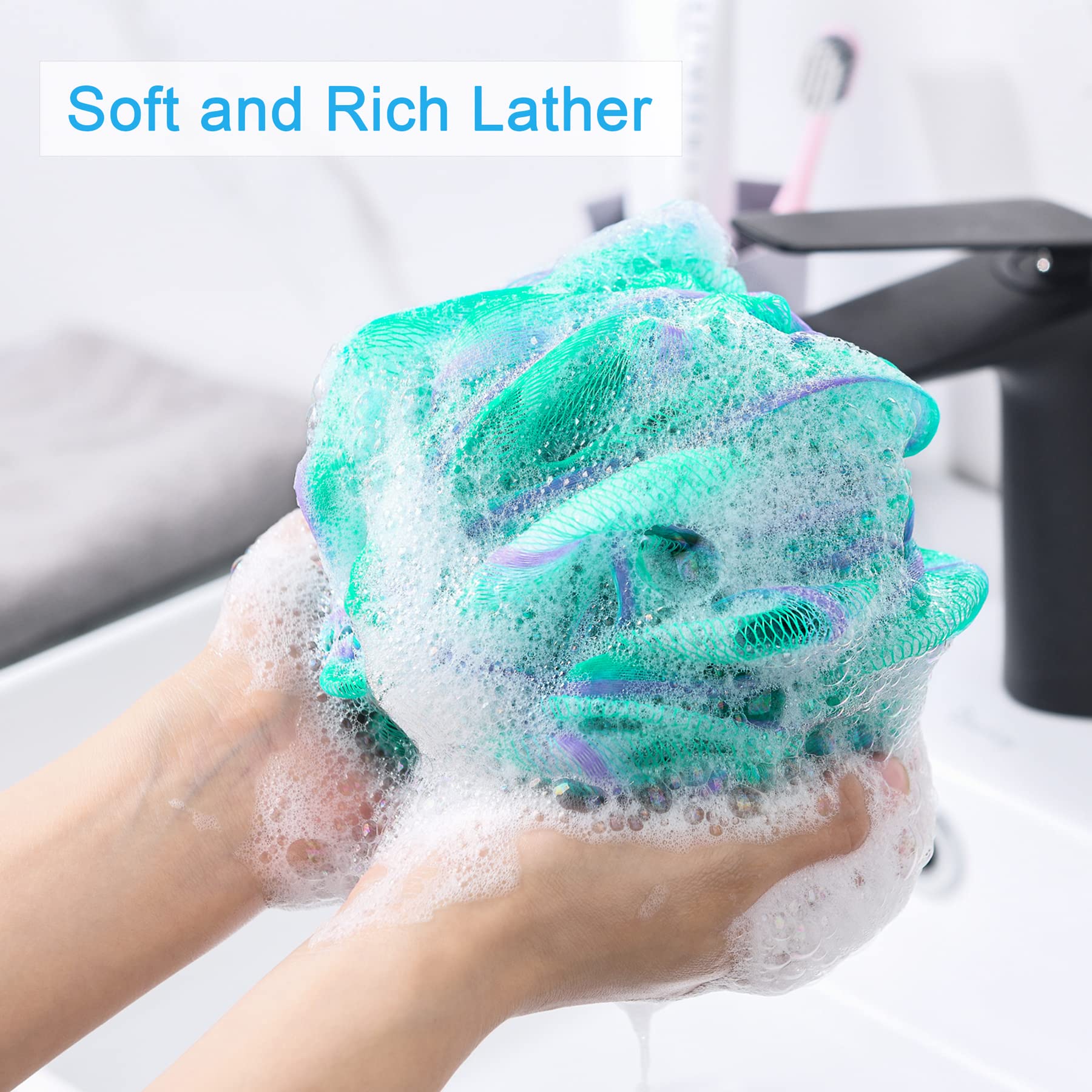 AmazerBath Loofah Sponge 60g/Piece, Exfoliating Bath Sponge Body Scrubber - Loofa Set of 4 Flower Color (Green-Purple)