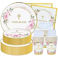 Makarios Baptism plates and napkins party supplies, girl, first communion for girls, confirmation, religious 24 guests (Pink)