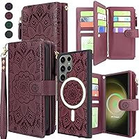 Harryshell Detachable Magnetic Case Wallet for Samsung Galaxy S23 Ultra Compatible with MagSafe Wireless Charging Phone Cover Multi Card Slots Cash Coin Zipper Pocket Wrist Strap (Floral Wine Red)