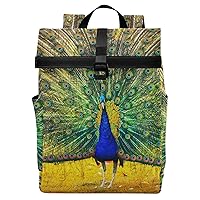 ALAZA Beautiful Blue Peacock Bird Backpack Roll-Top Daypack Laptop Work Travel College Bag for Men Women Fits 15.6 Inch Laptop