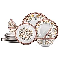 Fleurs des Prairies Bone China Dinnerware Set of 16 for 4 persons, Handmade Reactive Glaze Dishes Set,Chip Resistant and Scratch Resistant, Oven&Dishwasher & Microwave Safe,Service for 4