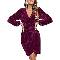 MEROKEETY Women's 2024 Long Sleeve Wrap Velvet Mini Dress Sexy V Neck Cocktail Party Club Dress