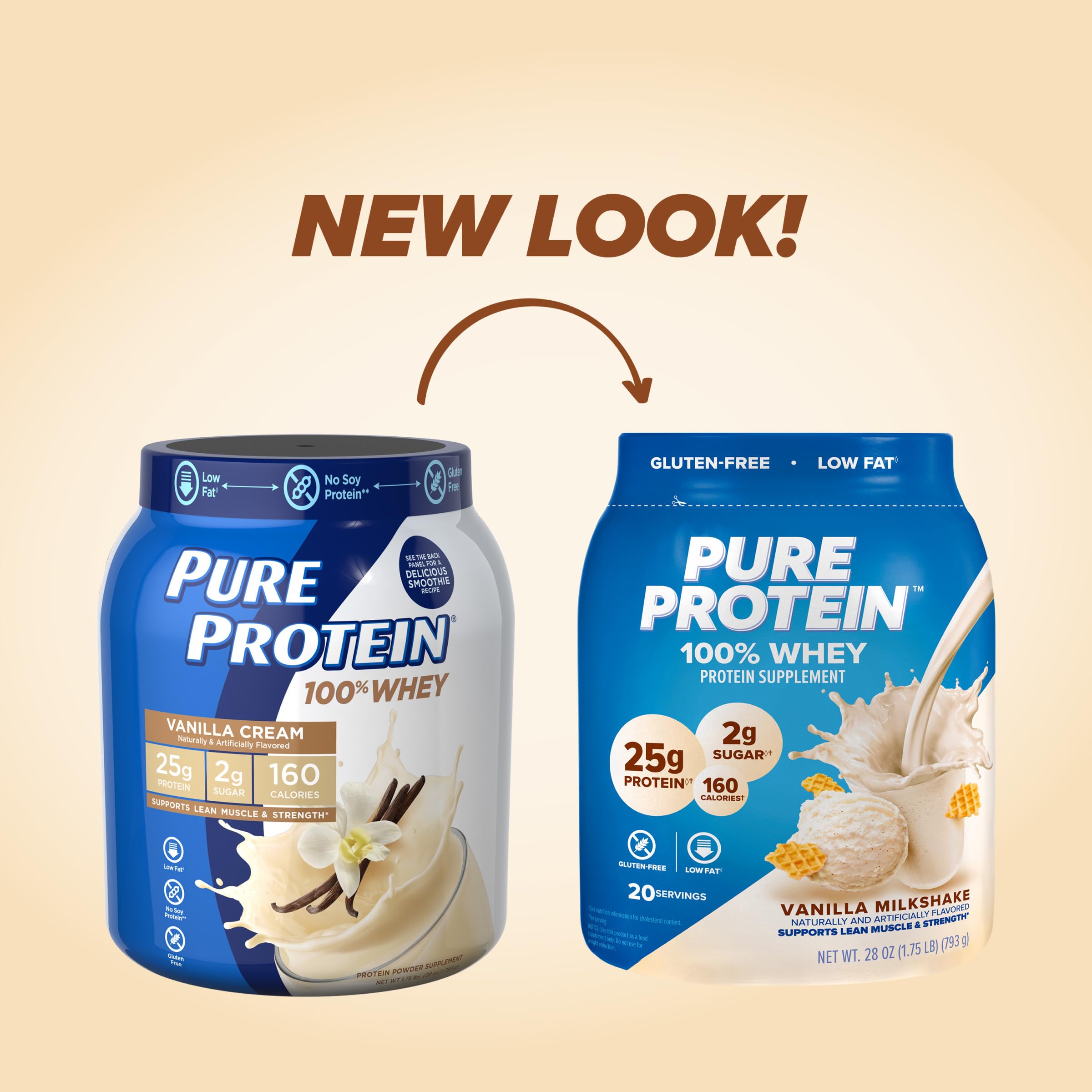 Pure Protein Powder, Whey, High Protein, Low Sugar, Gluten Free, Vanilla Cream, 1 lb (Packaging may vary)