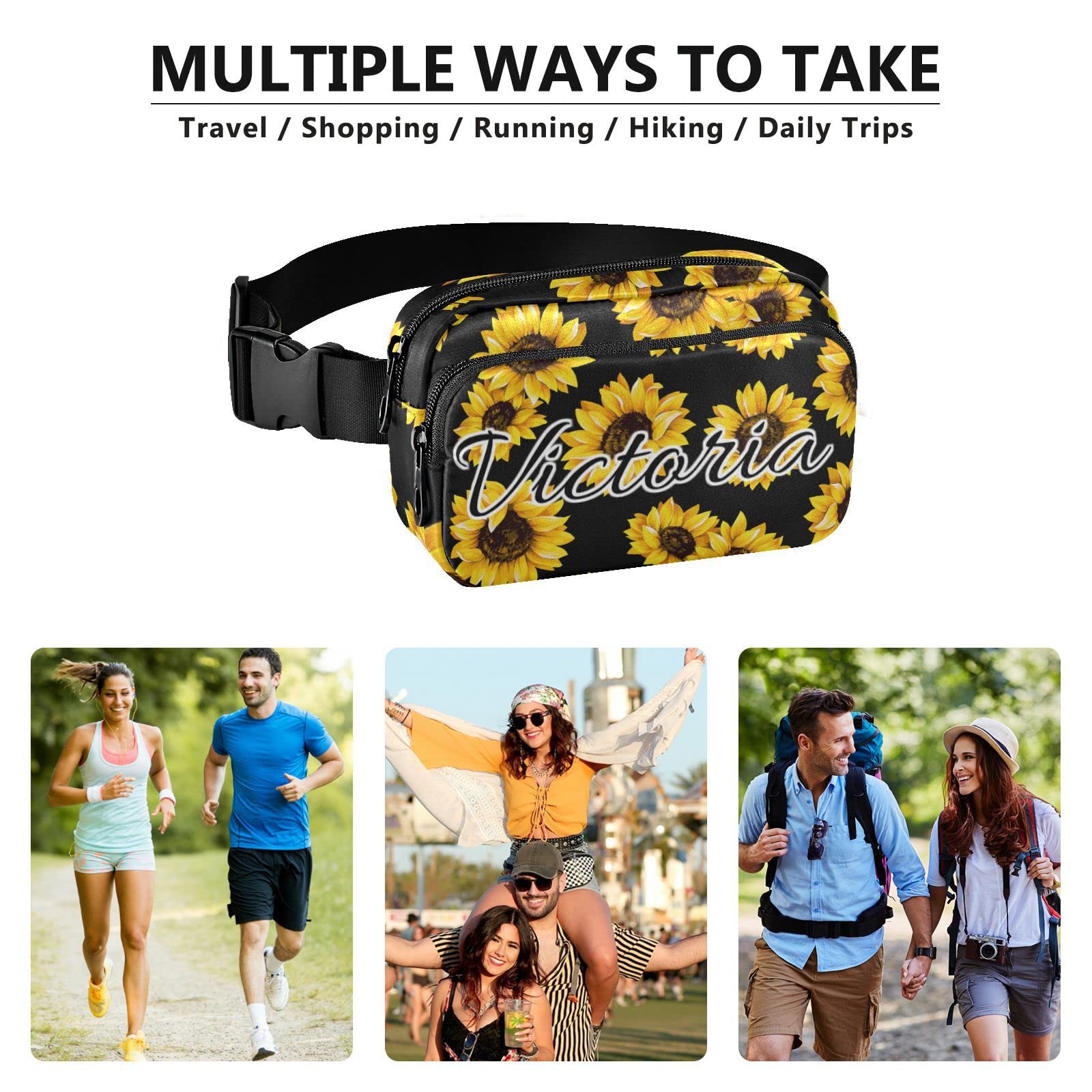 Custom Black Sunflowers Fanny Packs for Women Men Personalized Belt Bag with Adjustable Strap Customized Fashion Waist Packs Crossbody Bag Waist Pouch for Sports Running