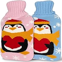 2L Hot Water Bottle with Cover Large Cute Rubber Hot Water Bag (Pack of 2) for Pain Relief, Cramps, Warm, Hot and Cold Therapy, Blue Penguin and Pink Penguin