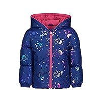 LONDON FOG Baby Girls' Hooded Puffer Winter Jacket with Stars & Moons Pattern & Matching Beanie, Navy, 6X