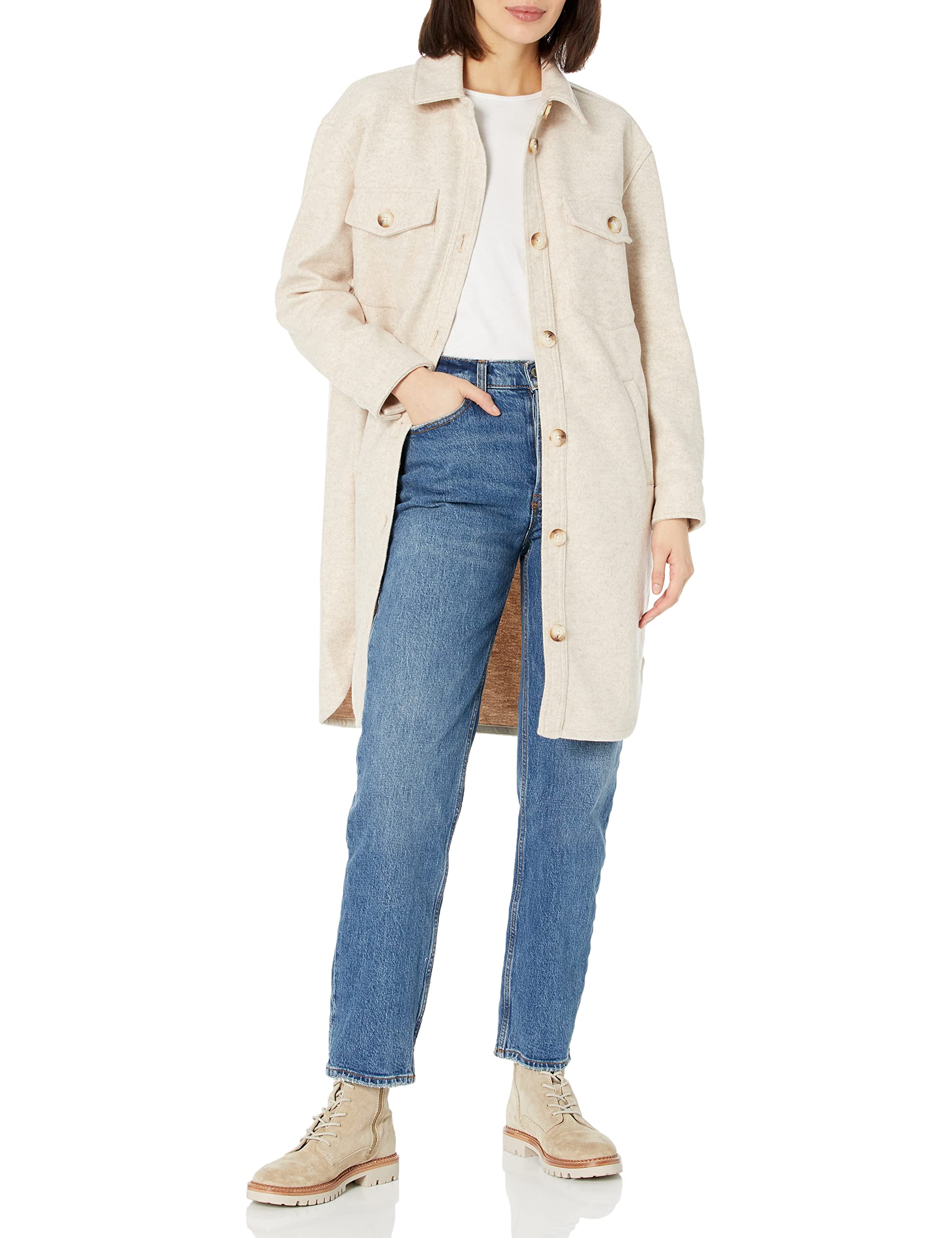 [BLANKNYC] womens Womens Faux Wool Long Shirt Jacket With Pockets, Comfortable Coat, Stylish Windbreaker