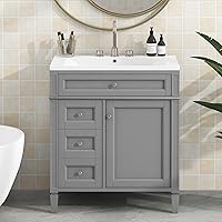 ROOMTEC 30inch Bathroom Vanity with Single Top Sink Freestanding Storage Cabinet with 2 Tip-Out Drawer, Gray