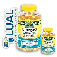 Premium Omega-3 Fish Oil. Includes Luall Sticker + Spring Valley Omega-3 from Fish Oil 2000 mg, Maximum Care, 120 Count (2)