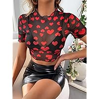 Women's Tops Sexy Tops for Women Heart Print Mesh Top Without Bra Women's Shirts (Color : Black, Size : X-Small)