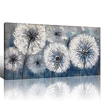 KLAKLA Dandelion Large Wall Art - Hand Painted to Add a Bumpy Effect - Sturdy Wood Frame Artwork & 30X60 Inches Blue and White Living Room Wall Decor