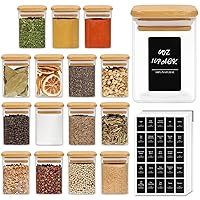 ComSaf 16Pcs Glass Spice Jars with Bamboo Lid, 6oz Airtight Square Containers with 275 Black Lables, Empty Seasoning Jars for Salt Sugar