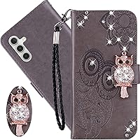 CCSmall for Samsung Galaxy A24 4G Wallet Case for Women, Glitter Bling Diamond PU Leather Folio Cover with Card Slot & Wrist Strap Phone Case for Samsung Galaxy A24 4G Owl Grey