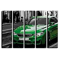 Big 5 Piece Sports Car Green M4 Vehicle Wall Art Decor Picture Painting Poster Print on Canvas Panels Pieces - Transportation Theme Wall Decoration Set - Bavarian Car Wall Picture for Showroom