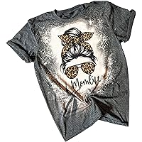 Mom Life Bleached T-Shirt Women Leopard Messy Bun Graphic Tees Tops Casual Summer Short Sleeve Mama Shirt