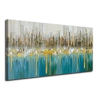 Ardemy Teal Abstract Cityscape Canvas Wall Art Modern Skyline Gold Textured Painting, Grey Buildings Large Size 40