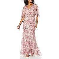 Adrianna Papell Women's Printed Beaded Mesh Long Gown