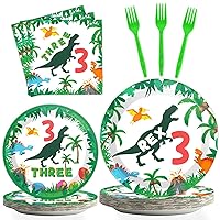 96 Pieces Dinosaur 3rd Birthday Supplies for 3 Rex Birthday Party Tableware Set 3 T-Rex Dinner Plates 3 Year Old Birthday Napkins Forks Boys Kids Three Dino-Rex Birthday Party Decorations 24 Guests