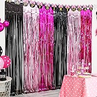 LOLStar 3 Pack Minnie Birthday Party Supplies,3.3x6.6 ft Black Pink Fuchsia Tinsel Foil Fringe Curtains,Cartoon Mouse Photo Booth Prop Streamer Backdrop,Minnie Themed Party Decoration for Girls Babies