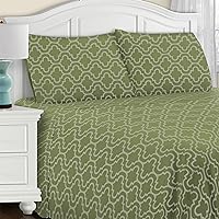 Extra Soft Printed All Season 100% Brushed Cotton Flannel Trellis Bedding Sheet Set with Deep Pockets Fitted Sheet - Sage Trellis, Full Size