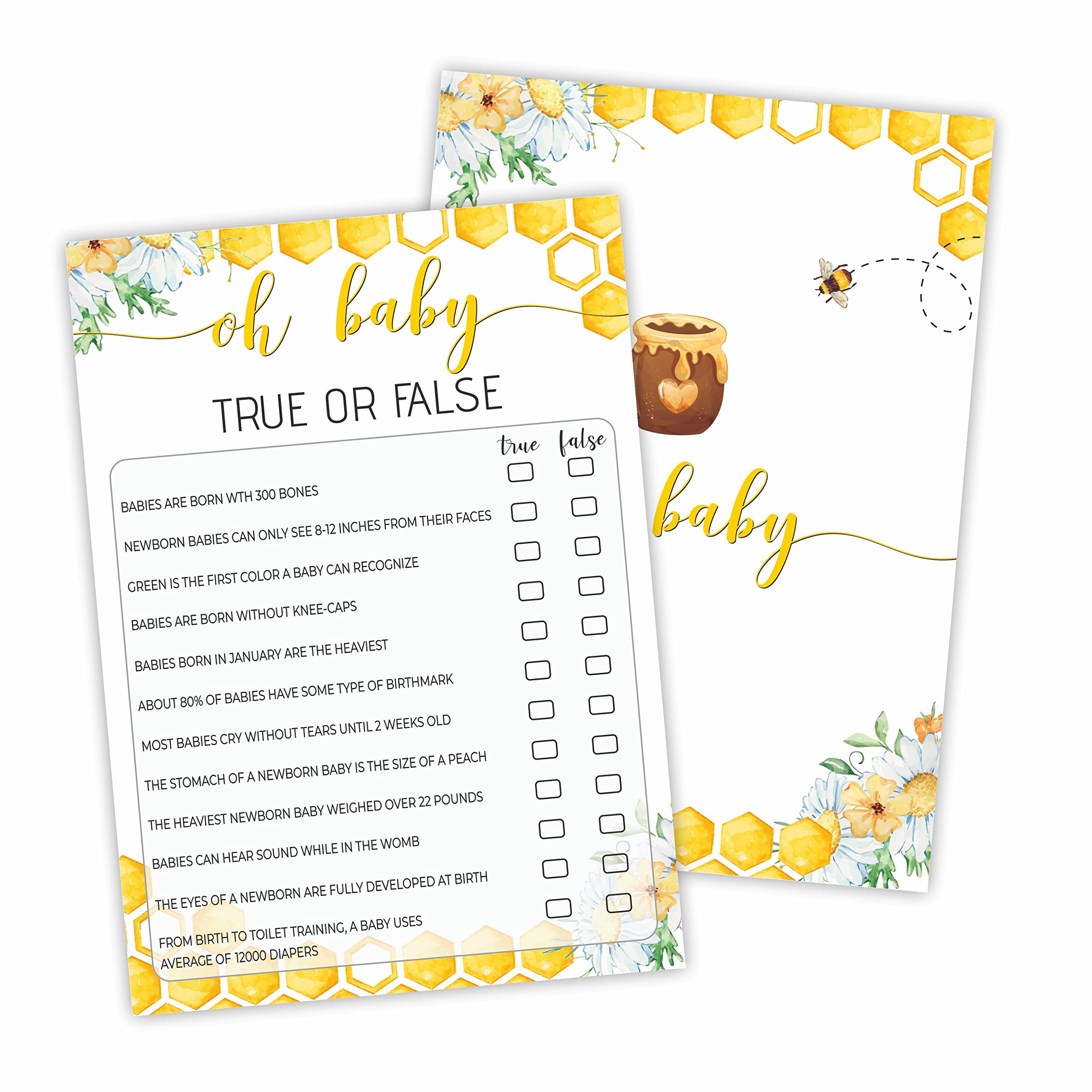 30 Honey Bee Themed Baby Shower Game Cards with an Answer Card, Baby True or False double sided (5 X 7 inches)-（BABYYX-006）