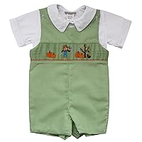 Carouselwear Boys Thanksgiving Shortall with Smocked Scarecrow and Pumpkins