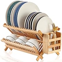 Bamboo Dish Drying Rack-2 Tier, Collapsible Small Dish Rack with Utensil Holder, Wooden Drying Rack for Kitchen Counter, Apartment Essentials Kitchen Plate Holder, Kitchen Organization