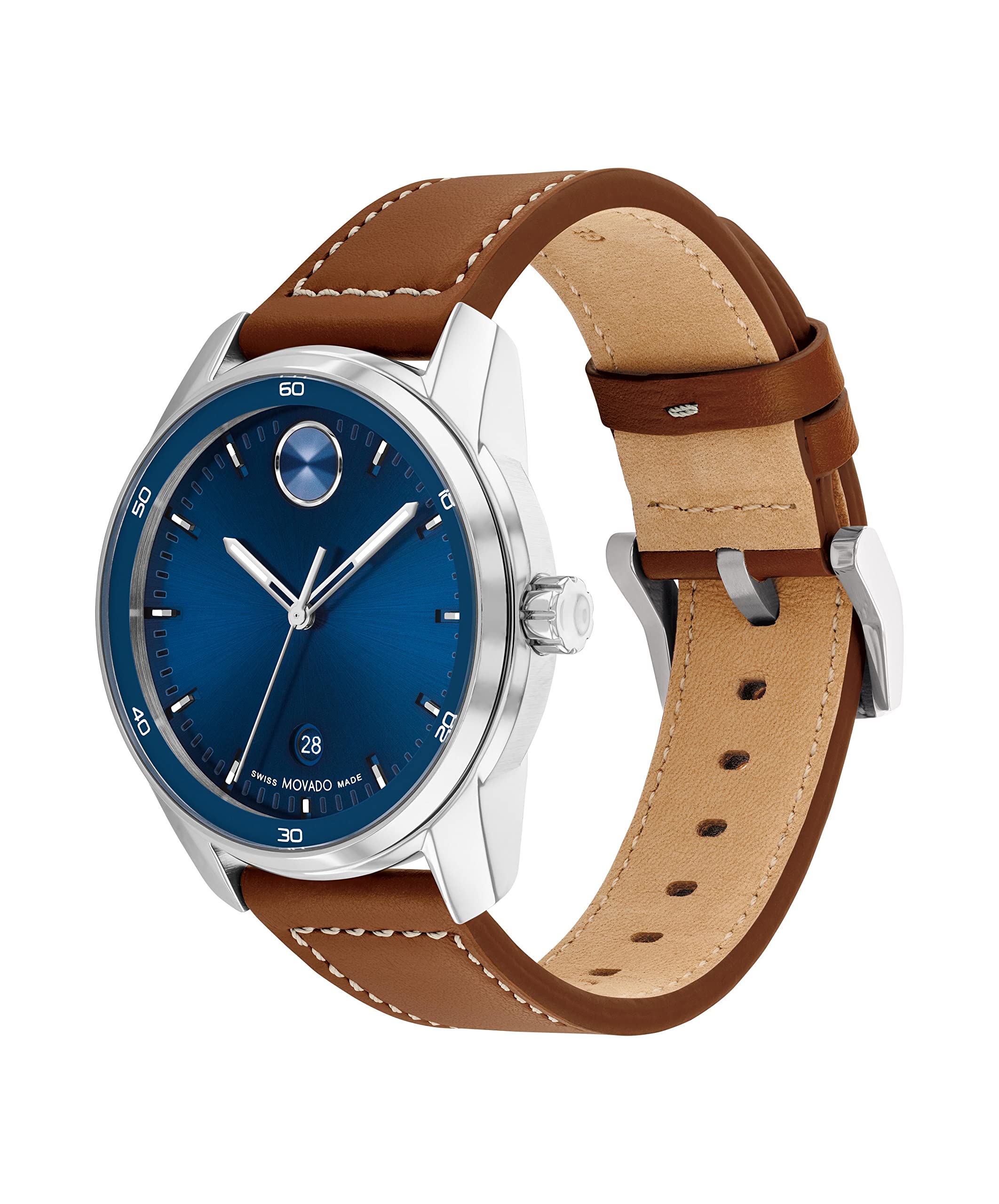 Movado 3600944 Bold Verso Men's Swiss Quartz Stainless Steel Case and Leather Strap Watch, Color: Cognac