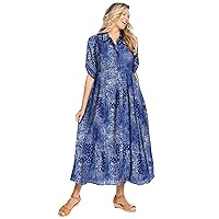 Woman Within Women's Plus Size Roll-Tab Sleeve Crinkle Shirtdress