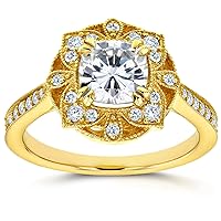 Kobelli Antique Style Floral Cushion-cut Moissanite Engagement Ring 1 1/3 CTW 14k Yellow Gold