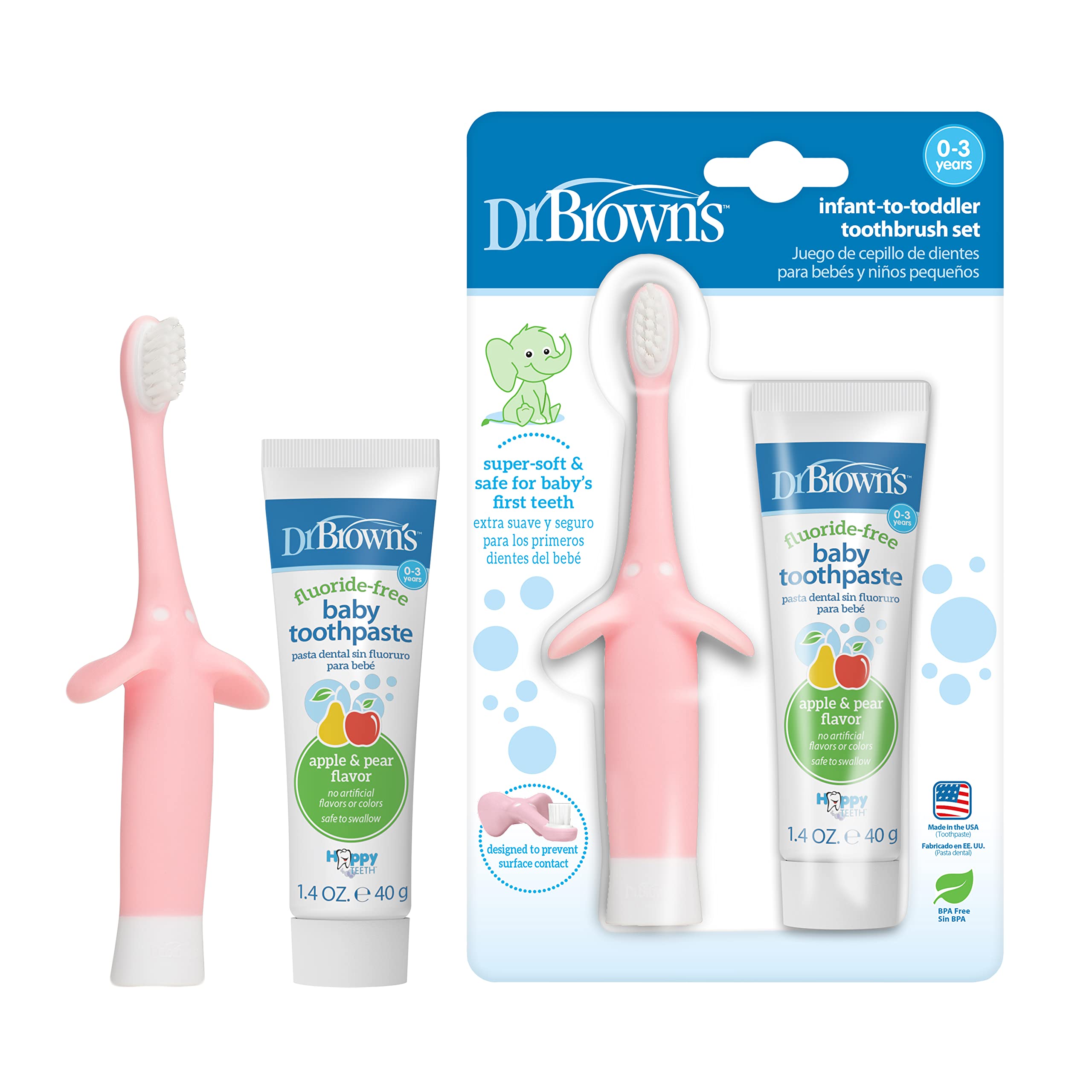 Dr. Brown’s Infant-to-Toddler Training Toothbrush Set, Pink Elephant with Fluoride-Free Apple Pear Baby Toothpaste, 0-3 years