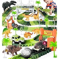 Dinosaur Toys, Create A Dinosaur World Road Race Glow in The Dark Car Race Cars for Boys & Girls Ages 3 4 5 6 7, Flexible Train Tracks Set with for Kids Christmas Birthday Gifts