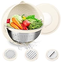 4 in 1 Colander with Mixing Bowl Set-Food Strainers and Colanders for Kitchen-Pasta Rice Strainer-Fruit and Veggies Washer,Salad Spinner with 3 Graters&Lid