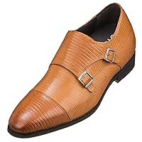 CALTO Men's Invisible Height Increasing Elevator Shoes - Leather Slip-on Dual Monk Straps Formal Loafers- 2.8 Inches Taller