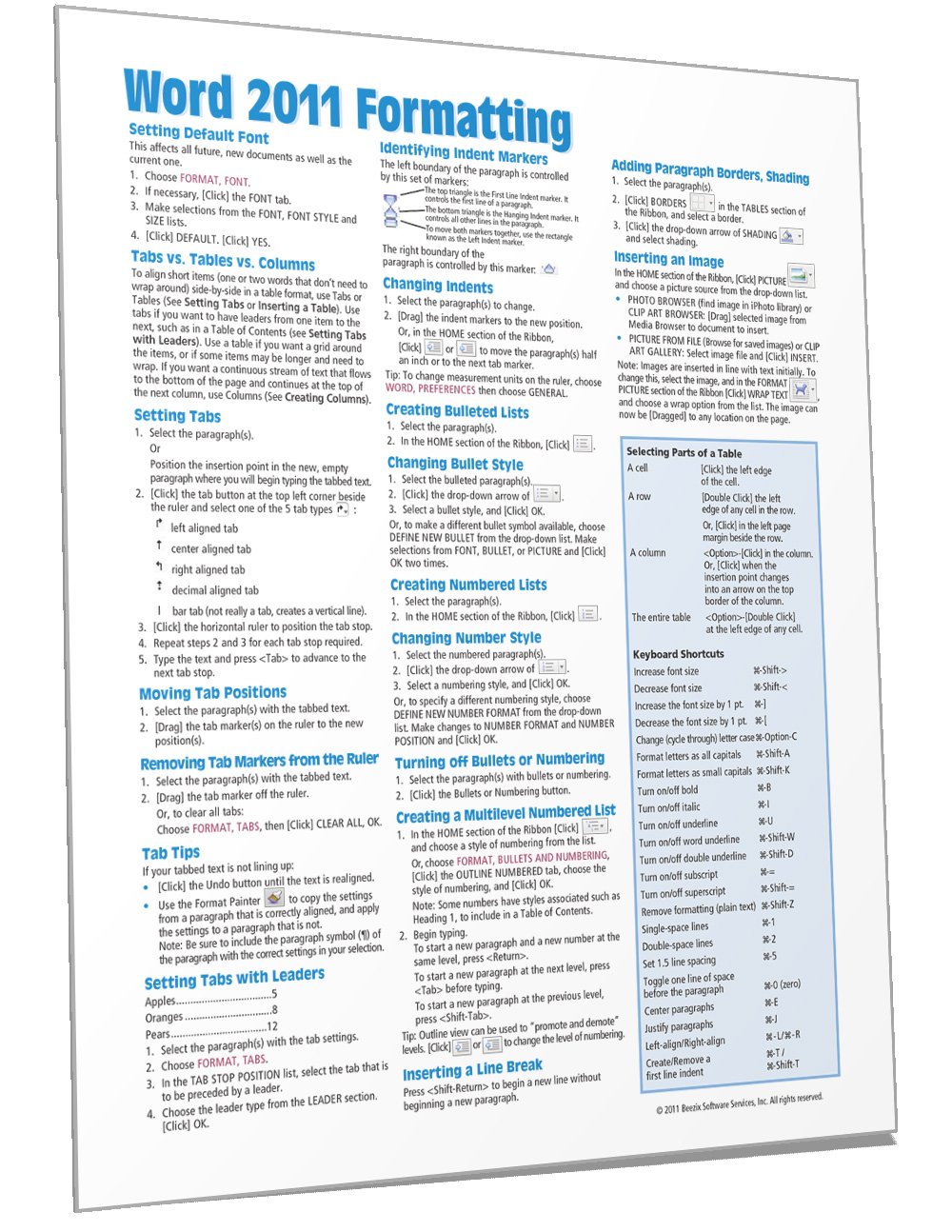 Word 2011 for Mac: Formatting (Intermediate) Quick Reference Guide (Cheat Sheet of Instructions, Tips & Shortcuts - Laminated Card)