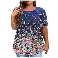 Women's Summer Tops Sleeve Shirt Round Neck Plus Size T-Shirt Flower Printed Casual Tops Button Down Shirt, L-5XL